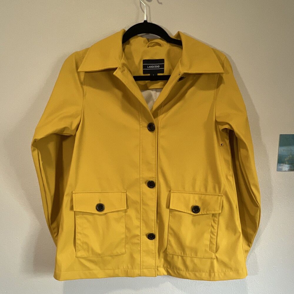 Lands' End Women’s  Yellow L 14 Rain Coat Jacket Lined Button Front